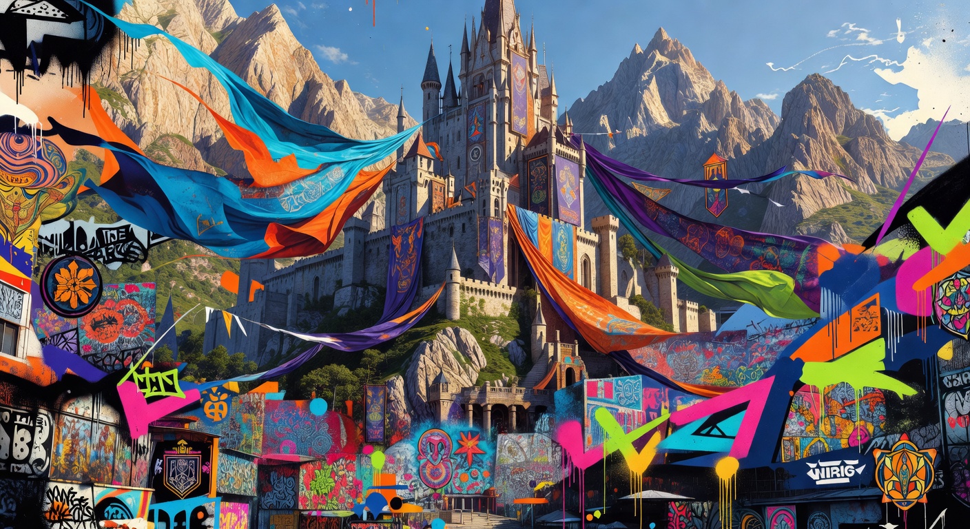 Fantastische Bergfestung mit wehenden Bannern in leuchtender Street-Art-Collage ohne Logos oder Figuren