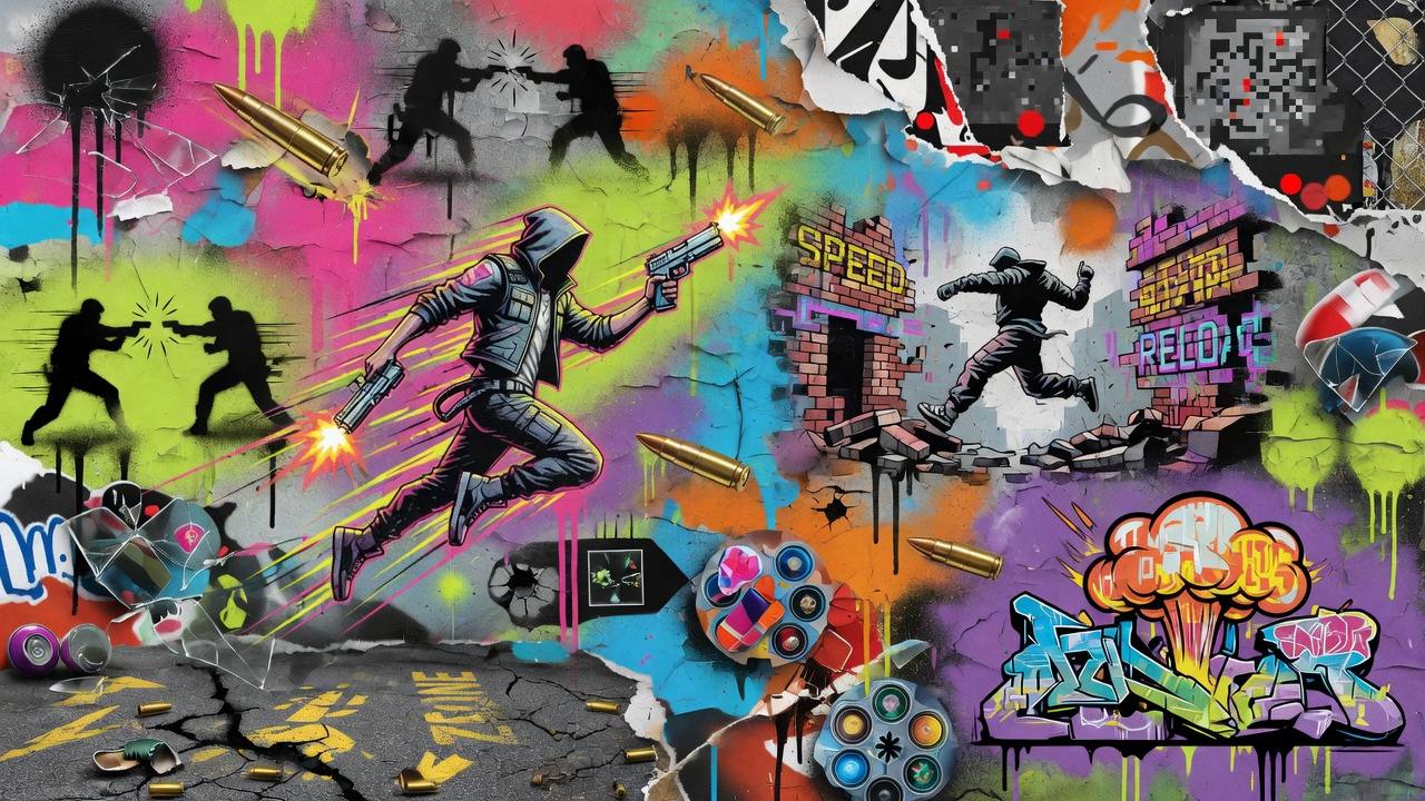 Abstrakte Gaming-Collage mit futuristischer Arena, Bewegungsspuren und Streaming-Setup ohne Logos oder Figuren