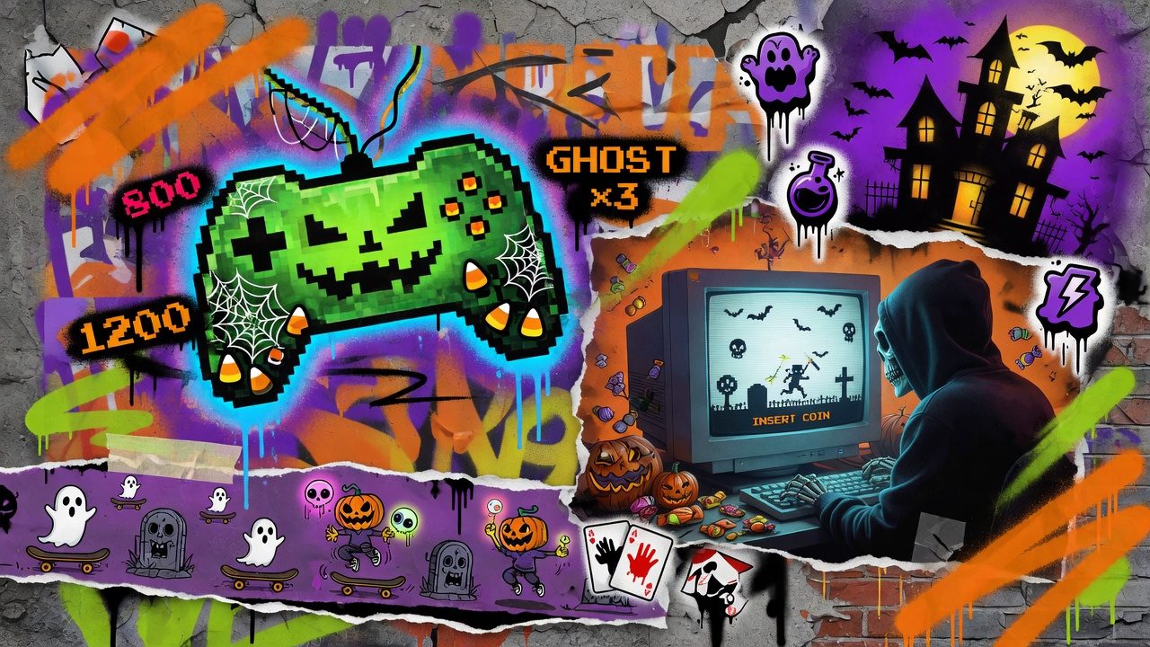 Düstere Gaming-Collage mit Vorstadthäusern, Halloween-Nacht, Schattenfigur und Fluchtstimmung ohne Logos oder bekannte Figuren