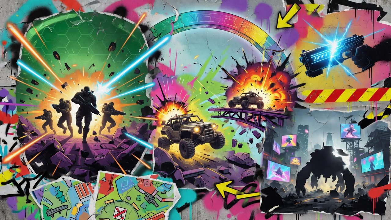 Futuristische Sci-Fi-Kampfszene mit gepanzertem Soldaten, Panzerfahrzeug und Alienkulisse als farbige Collage ohne Logos