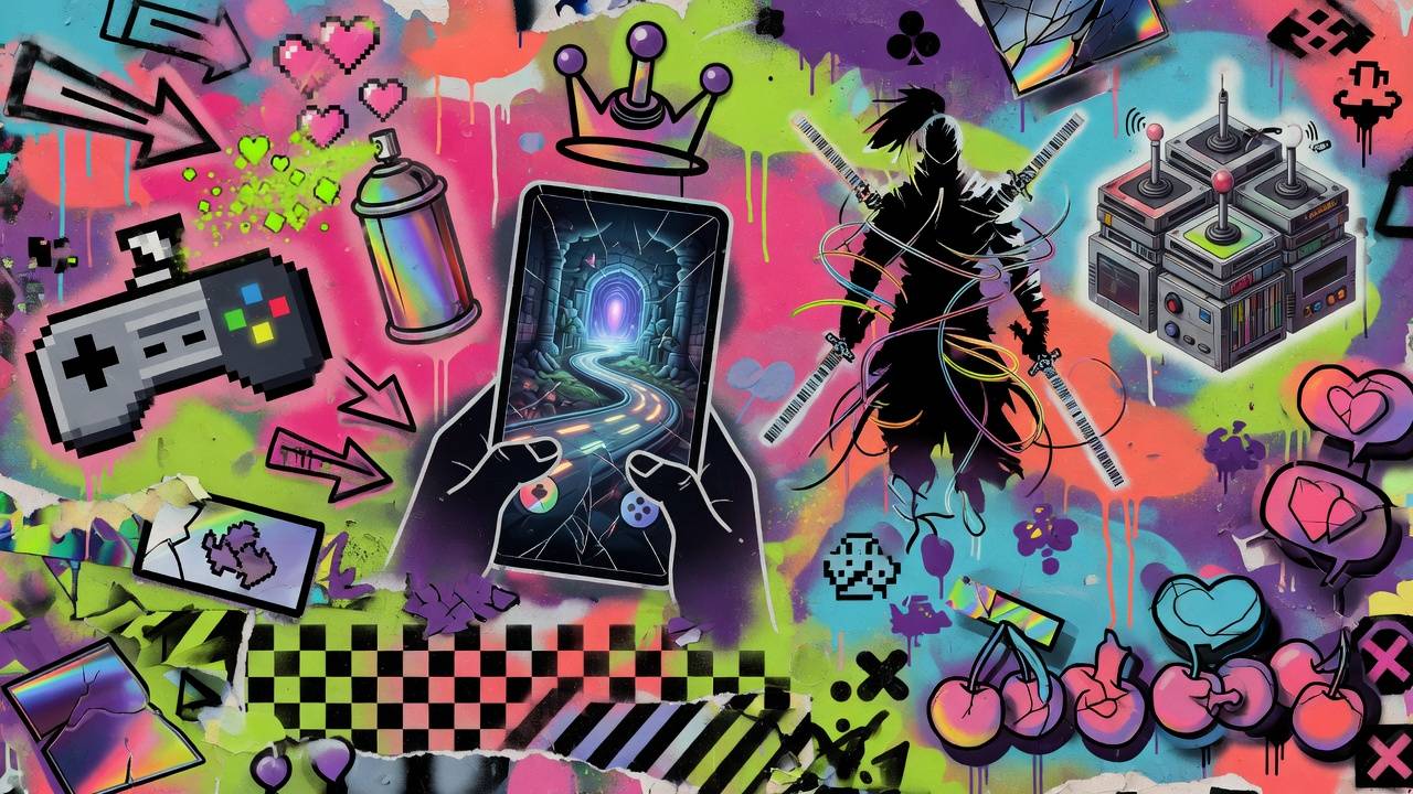 Generische Gaming-Collage mit Smartphone, Controller und leuchtenden Farbflächen ohne Logos