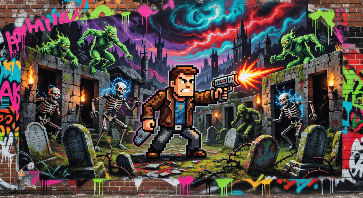 Retro-Shooter-Szene mit Pixelmonster und düsterer Haunted-Lands-Atmosphäre
