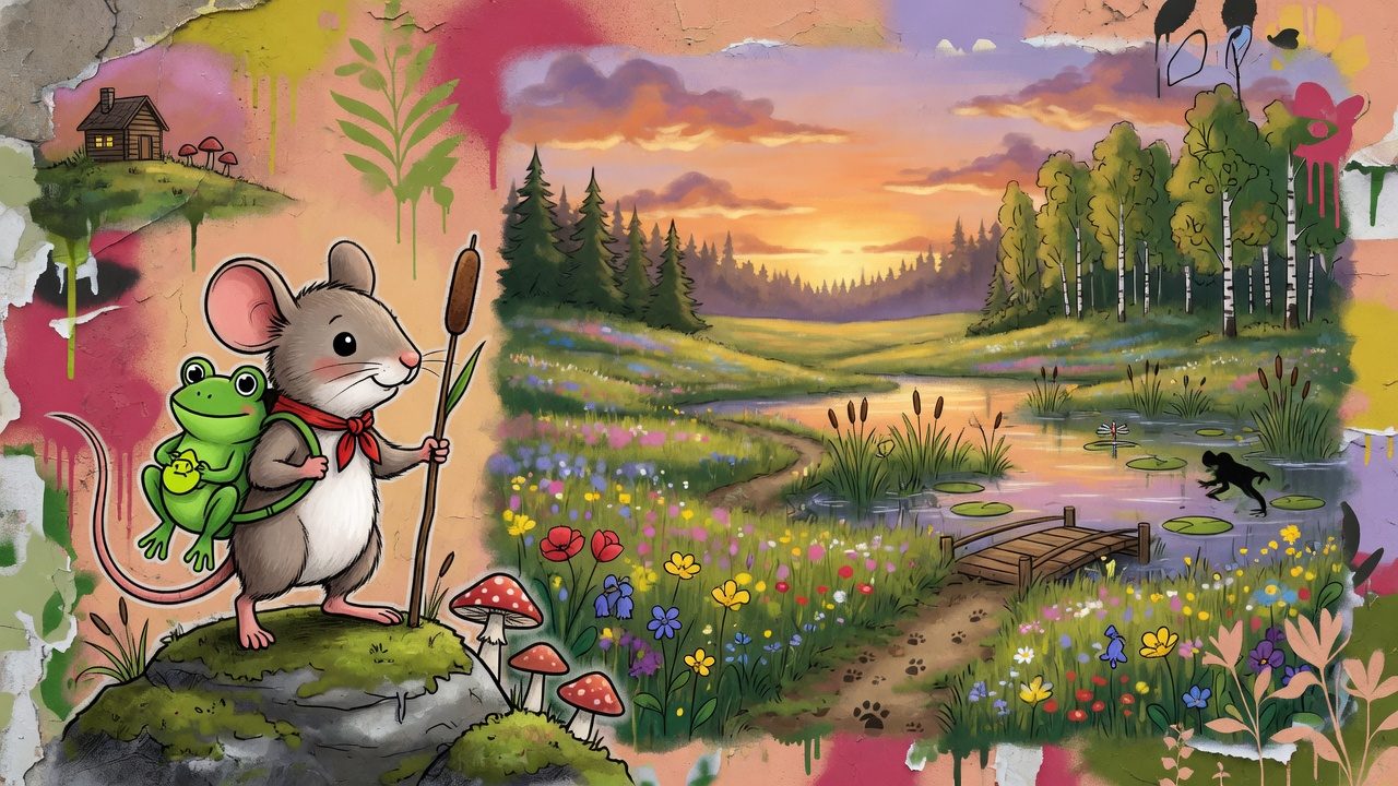 Bunte Fantasy-Collage mit kleiner Maus, Froschrucksack, Wiesen, Wald und nordischer Dorfstimmung ohne Logos oder bekannte Figuren