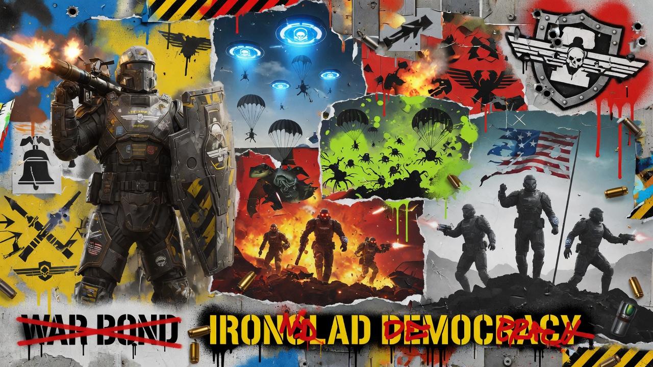 Bunte Street-Art-Gaming-Collage mit generischem Sci-Fi-Trupp, schwerer Rüstung, Panzerspuren und Explosionen ohne Logos
