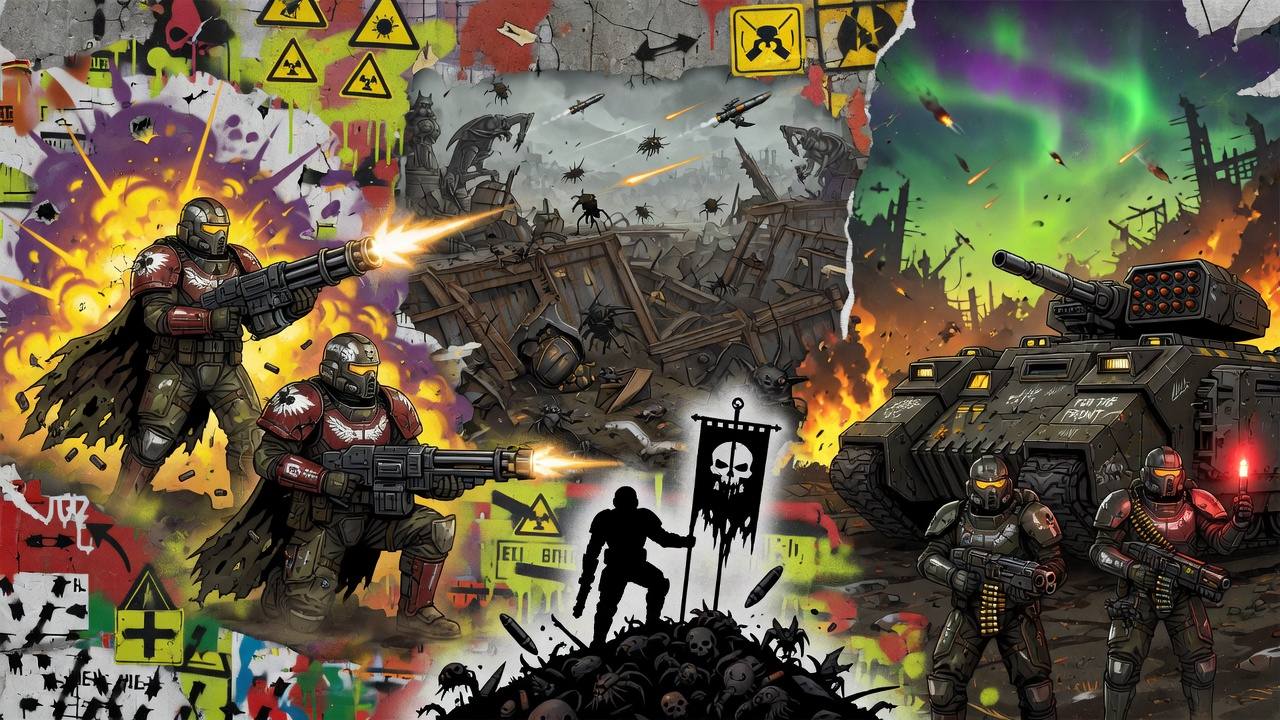 Sci-Fi-Soldaten in schwerer Rüstung vor einem düsteren Schlachtfeld, als generische Illustration ohne Logos oder bekannte Figuren