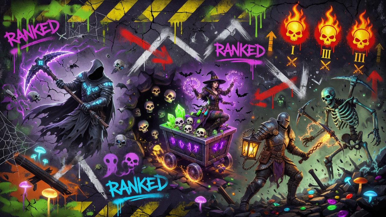 Bunte MOBA-Collage mit düsterem Minenschacht, leuchtender Arena und generischen Fantasy-Kämpfern ohne Logos oder bekannte Figuren