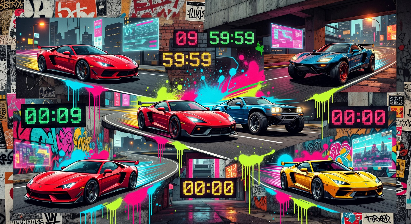 Neonfarbene, generische Arcade-Rennszene mit Countdown-Elementen