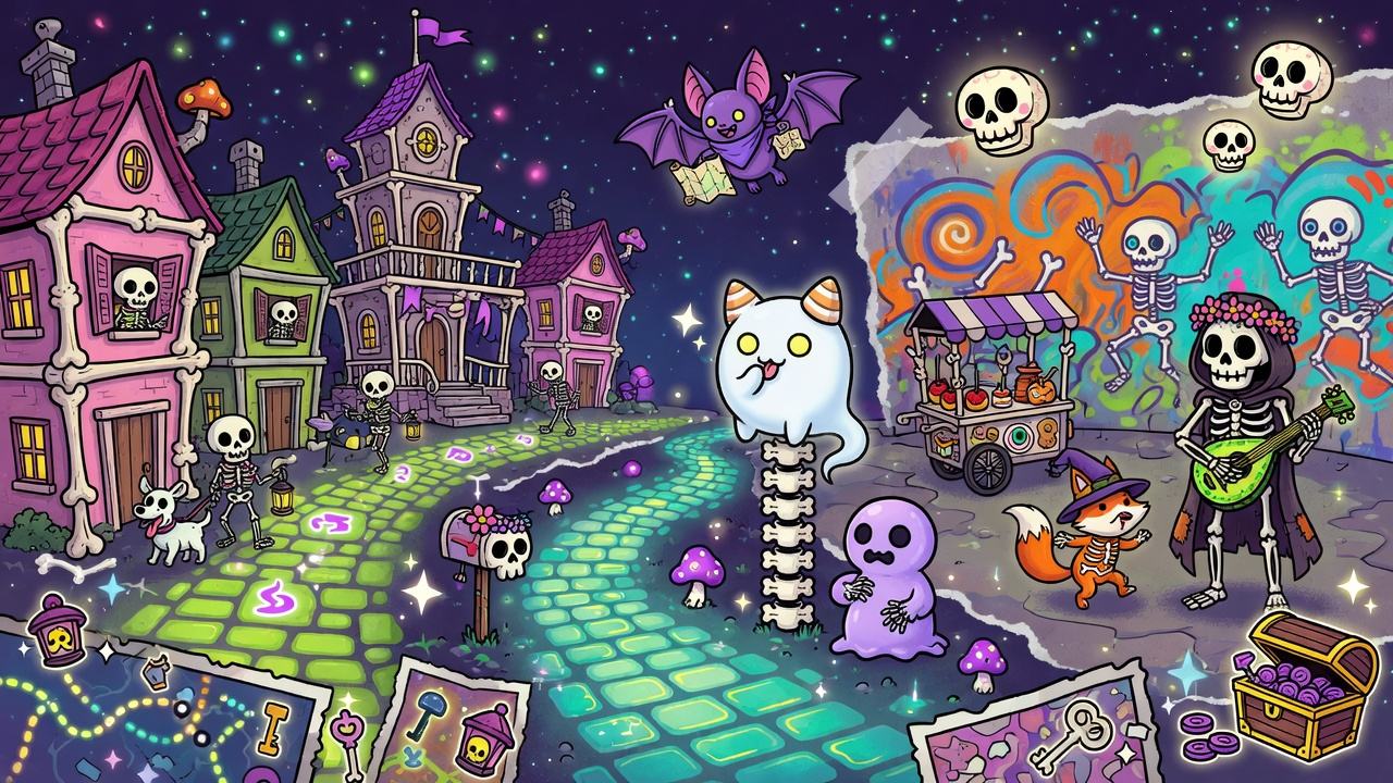 Spooky Abenteuer-Collage mit Skelettstadt, geheimnisvollen Wäldern und magischen Lichtspuren ohne Logos oder bekannte Figuren