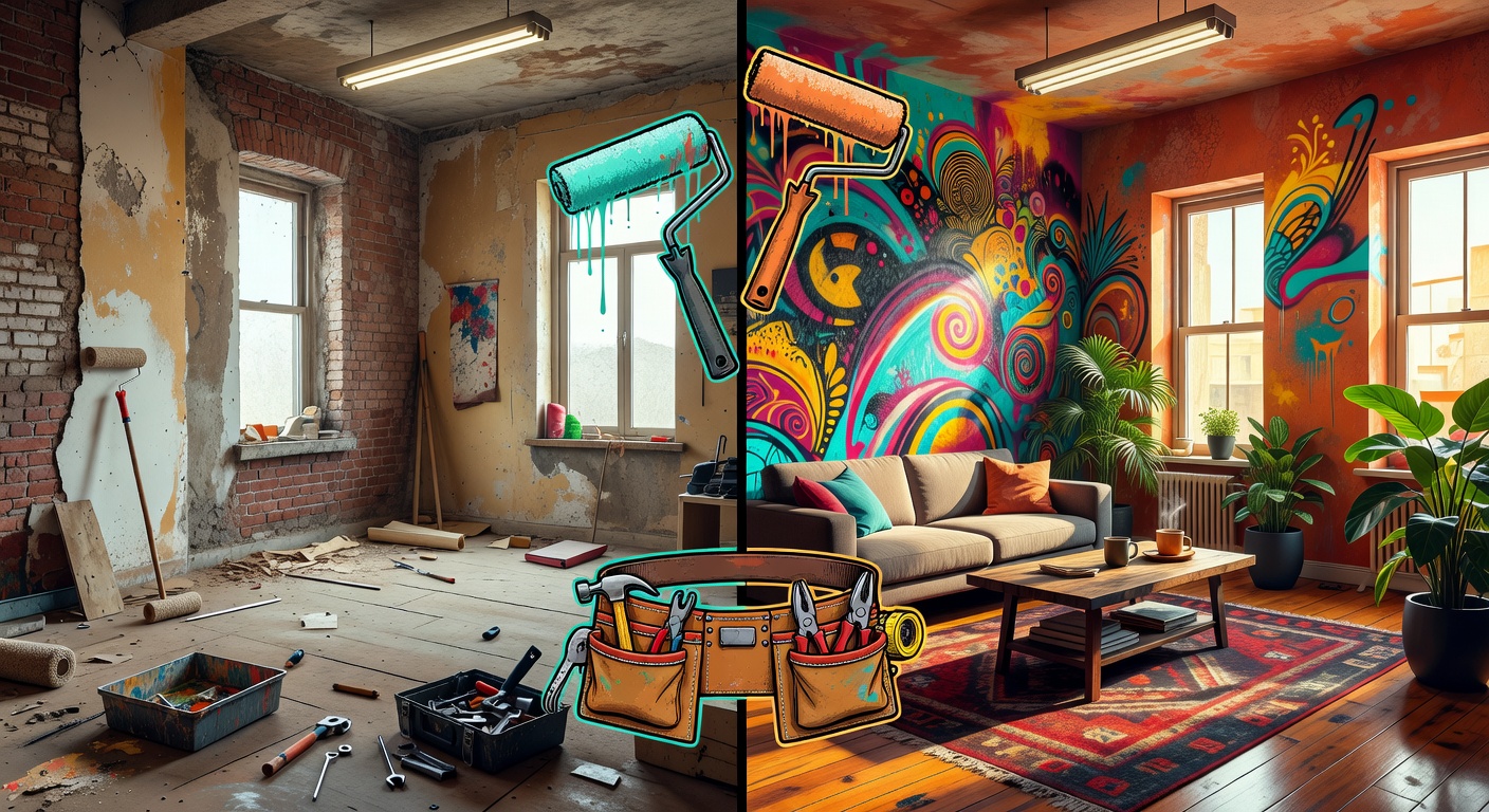 Generische Renovierungs- und Gaming-Collage mit Werkzeugen, Farbdosen und modernem Wohnraum ohne Logos