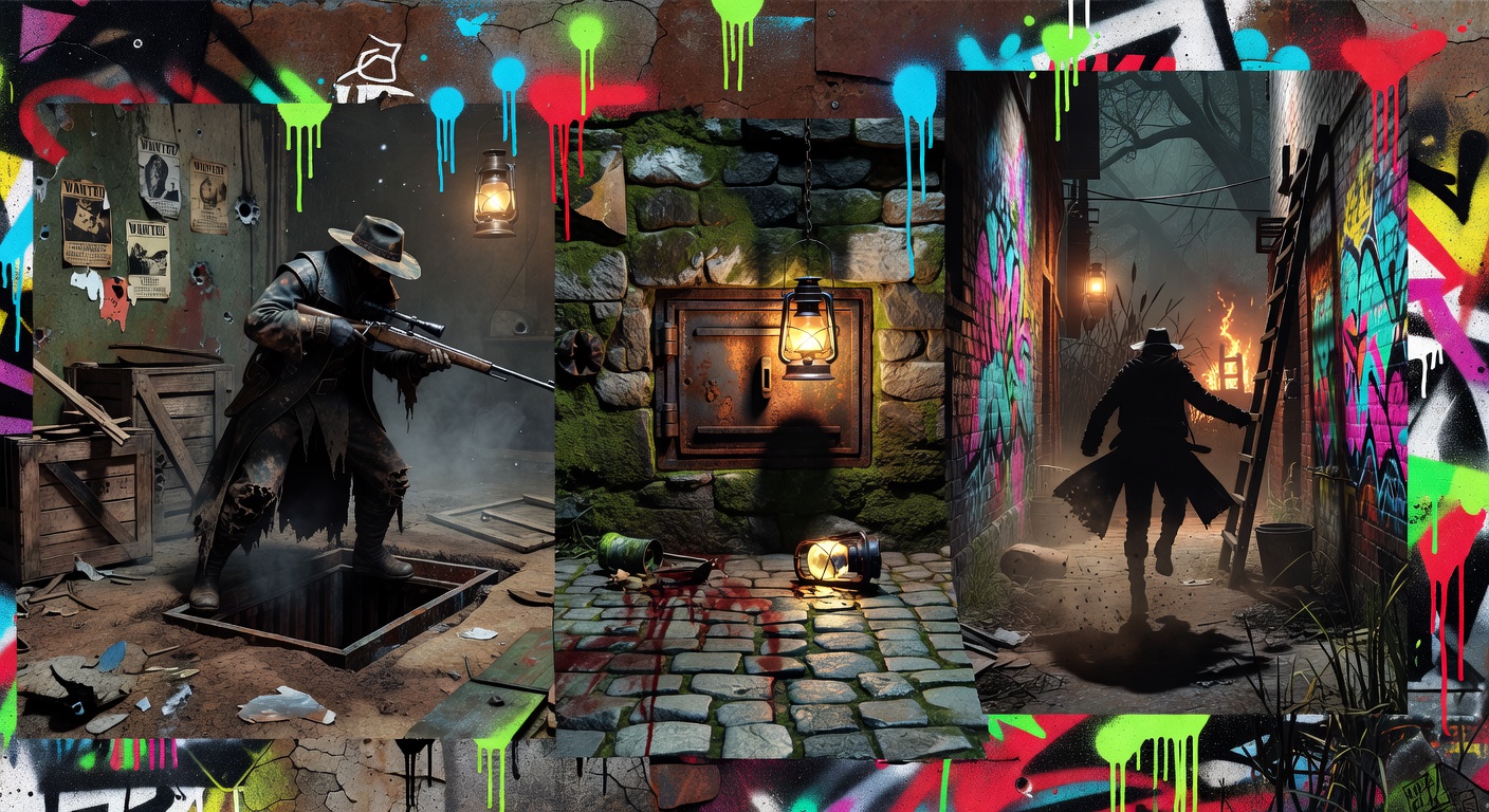 Düstere Hunt-Showdown-Szene mit Karten, Türmen und Fluchtpunkten