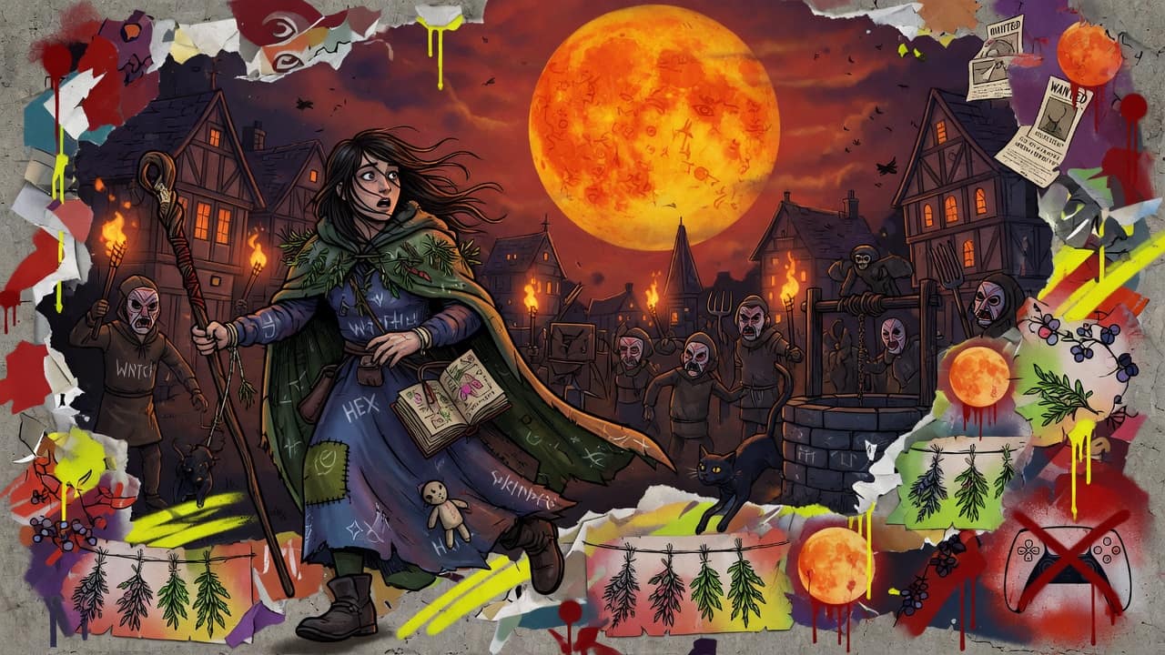 Farbstarke Folk-Horror-Collage mit fliehender Frau, Dorf bei Vollmond, Wald, Laternenlicht und Verfolgern ohne Logos