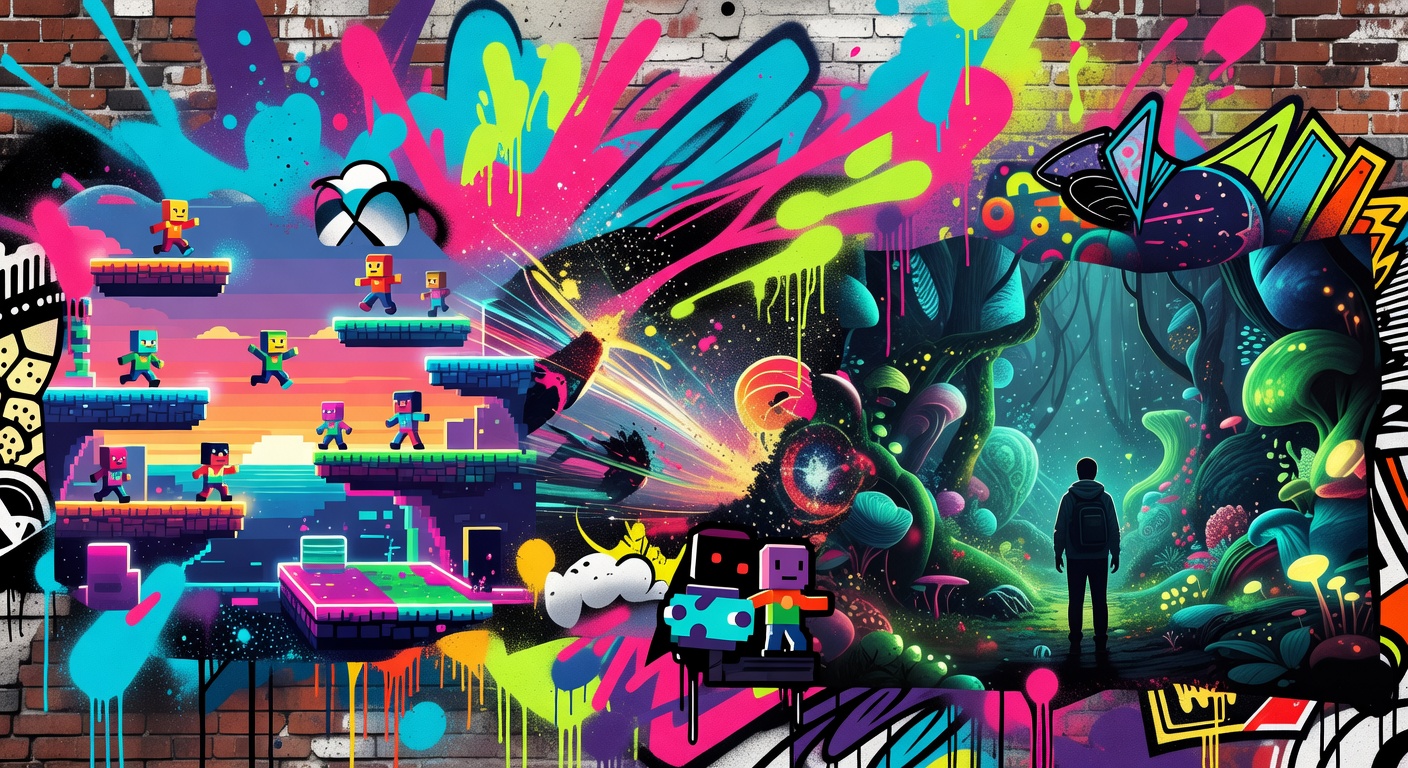 Abstrakte Collage aus Sci-Fi-Inseln, Demo-Bildschirmen und bunten Indie-Spielwelten