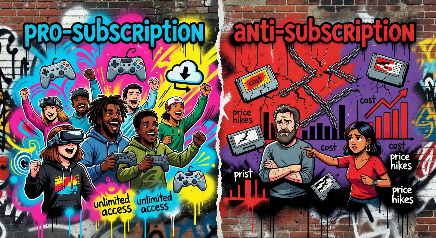 Generische Collage mit stilisierten Spieleboxen, Abo-Karte und Neonfarben ohne Logos oder bekannte Figuren