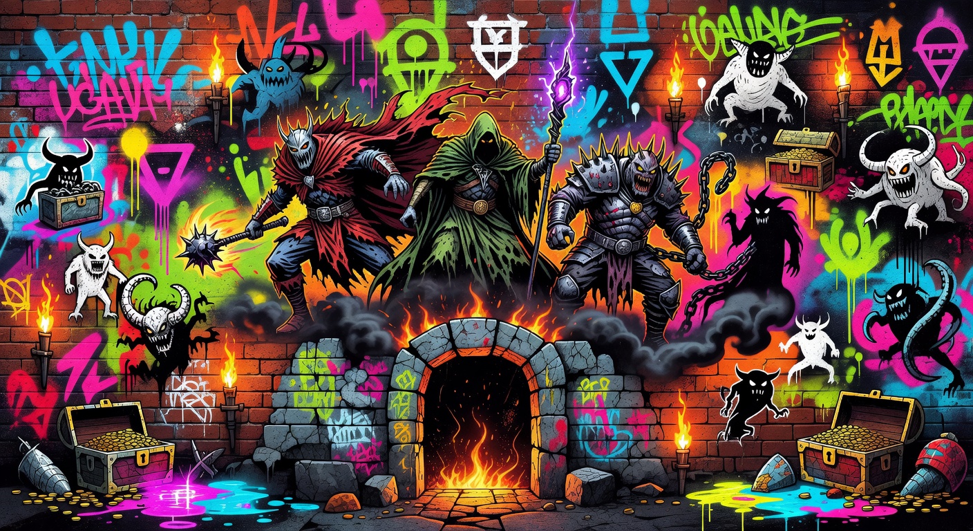 Abstrakte Fantasy-Dungeon-Collage mit Fallen, Kartenraster und isometrischer Perspektive ohne Logos oder bekannte Figuren