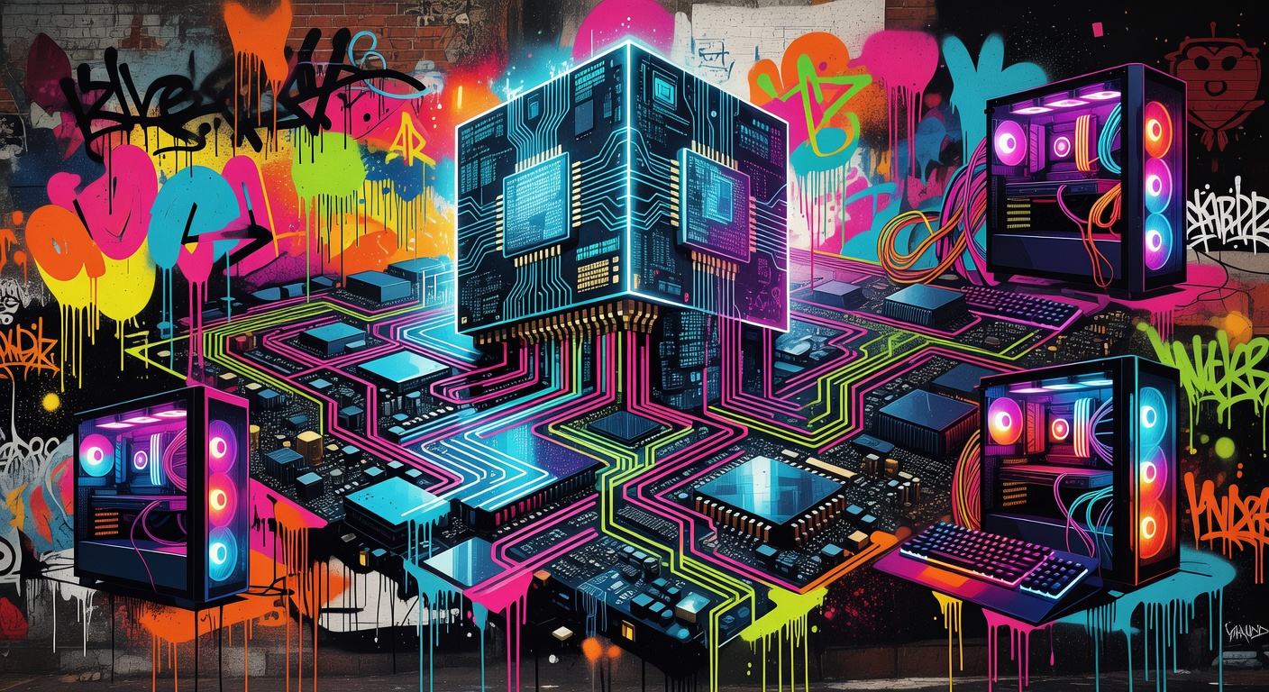 Abstrakte Gaming-PC-Collage mit Prozessor, Mainboard und neonfarbenem Hintergrund