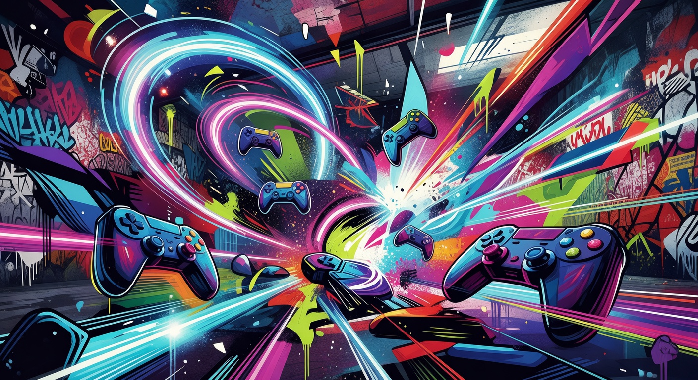 Dynamische Kampfarena mit drei futuristischen Kämpfern in comicartigem Stil