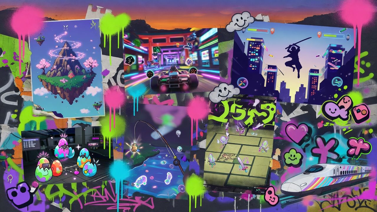 Abstrakte Gaming-Collage mit Sci-Fi-Flug, bunten Musikrhythmen und Handheld-Menüs ohne Logos oder bekannte Figuren