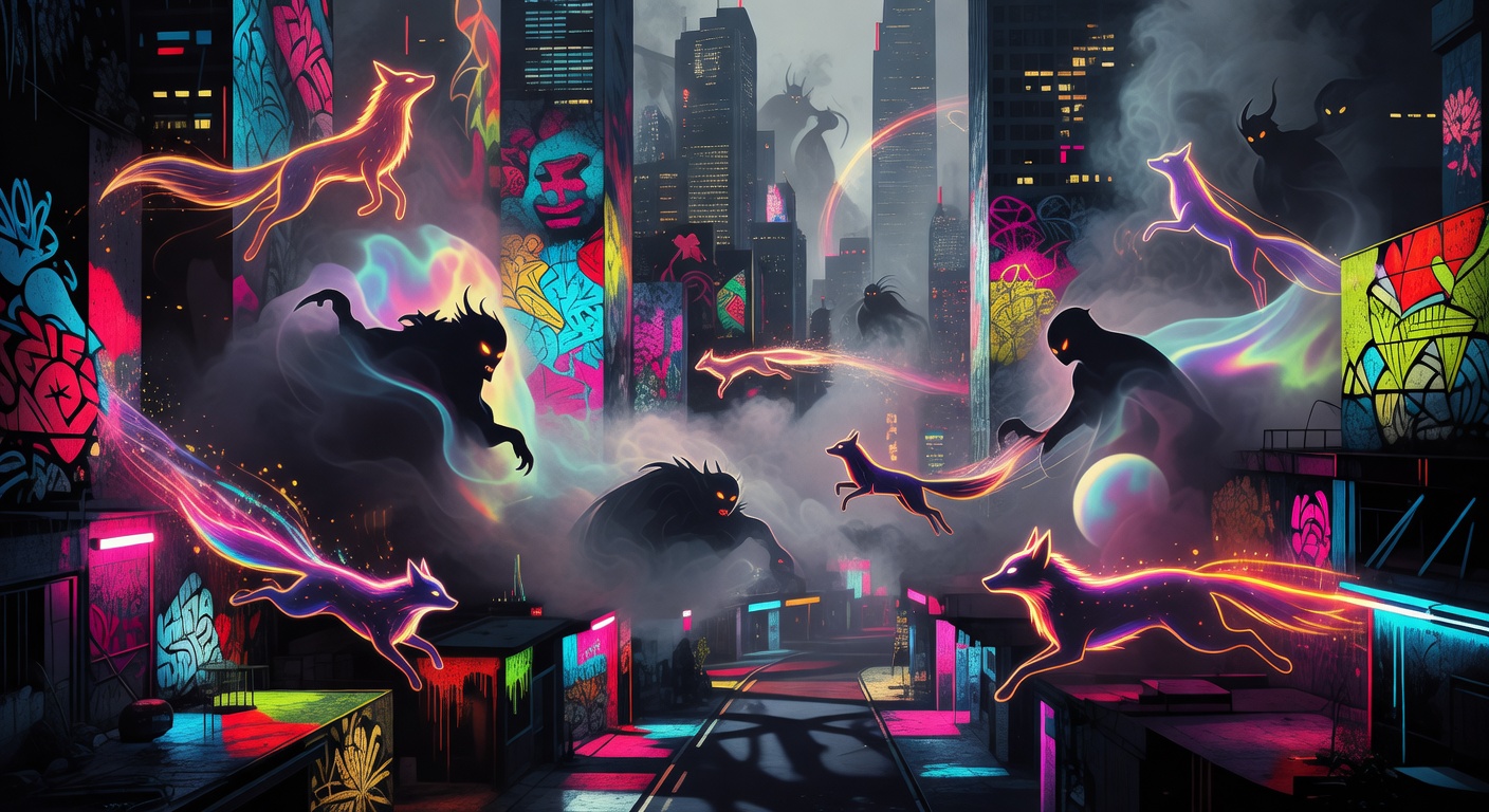 Abstrakte Neonstadt mit Yokai-Silhouetten, Dachlandschaften und magischem Nebel
