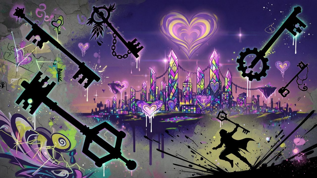 Fantastische Action-RPG-Collage mit leuchtendem Stadthimmel, Schlüsselschwert-Silhouetten und Abenteuerpfad ohne Logos