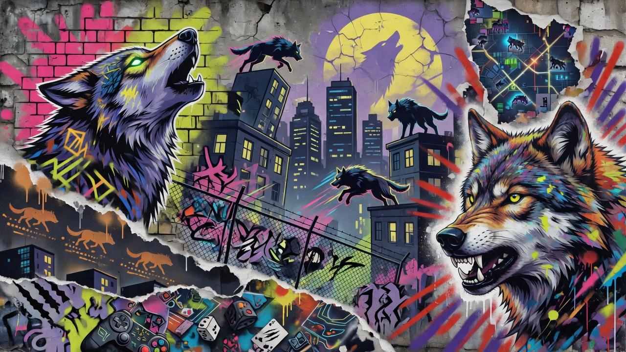 Neonfarbene Gaming-Collage mit generischem Top-Down-Actionhelden, düsterer Großstadt und stilisierten Wolfsmotiven ohne Logos oder bekannte Figuren