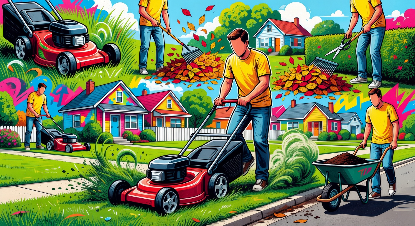 Stylisierte Gartenszene mit Mäher und dichtem, detailreichem Gras in einer Vorstadt