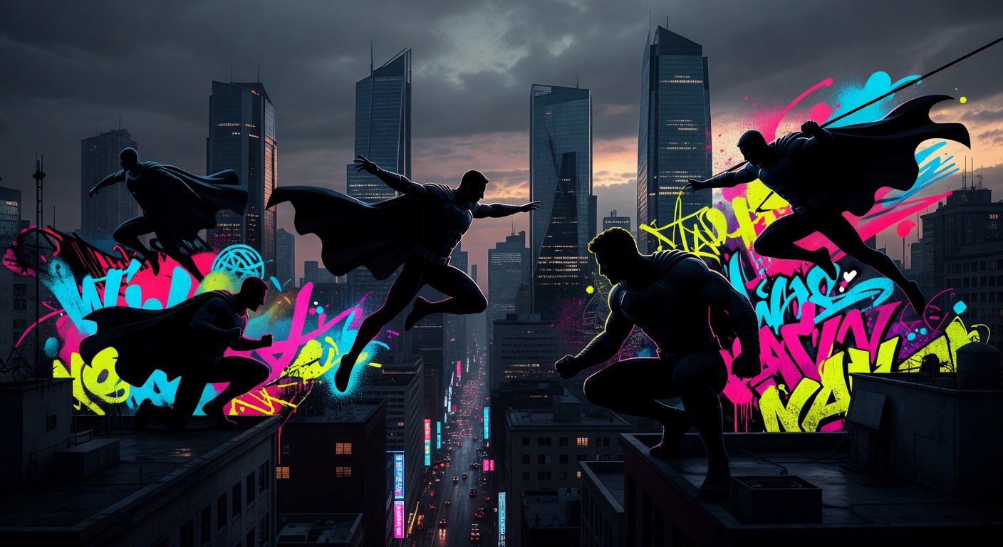 Dunkle Comic-City als generische Superhelden-Kulisse ohne Markenlogos