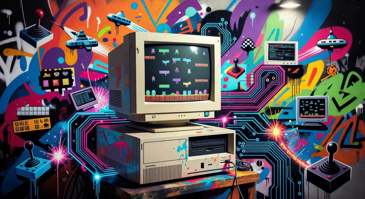 Generische Retro-PC-Szene mit alter Tastatur, Röhrenmonitor und abstrahierten Hardware-Elementen ohne Logos