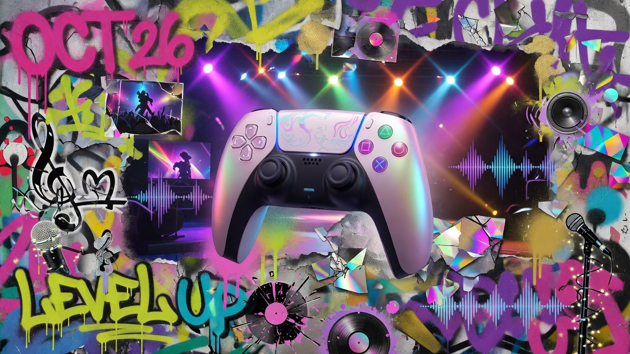 Perlmuttfarbener generischer Gamepad-Entwurf vor Pop-Bühnenlichtern als Street-Art-Collage ohne Logos