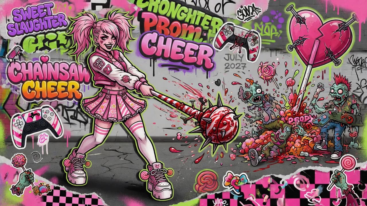 Vibrante Street-Art-Gaming-Collage mit Zombiejägerin-Silhouette, Neonfarben und Filmstudio-Kulisse ohne Logos