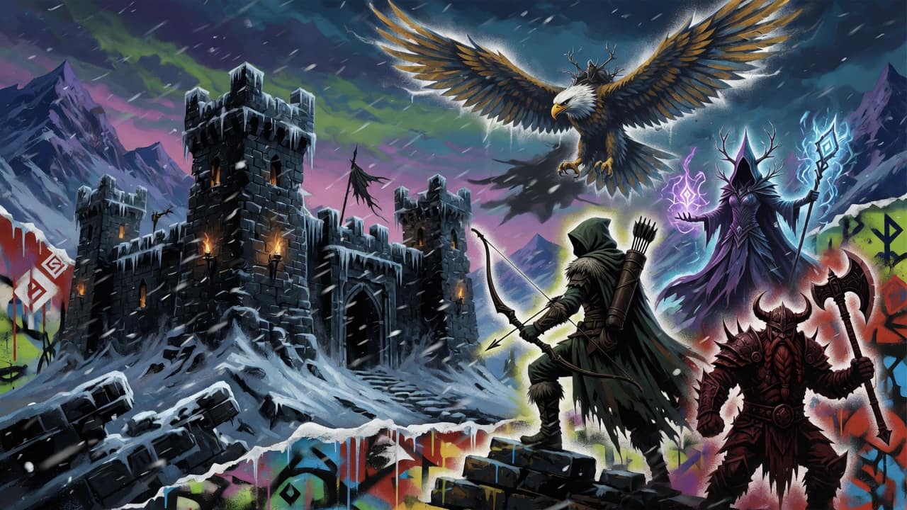 Generische Fantasy-Kollage mit verschneiter Ruinenfestung, drei Abenteurer-Silhouetten und großem Adler ohne Logos oder bekannte Figuren