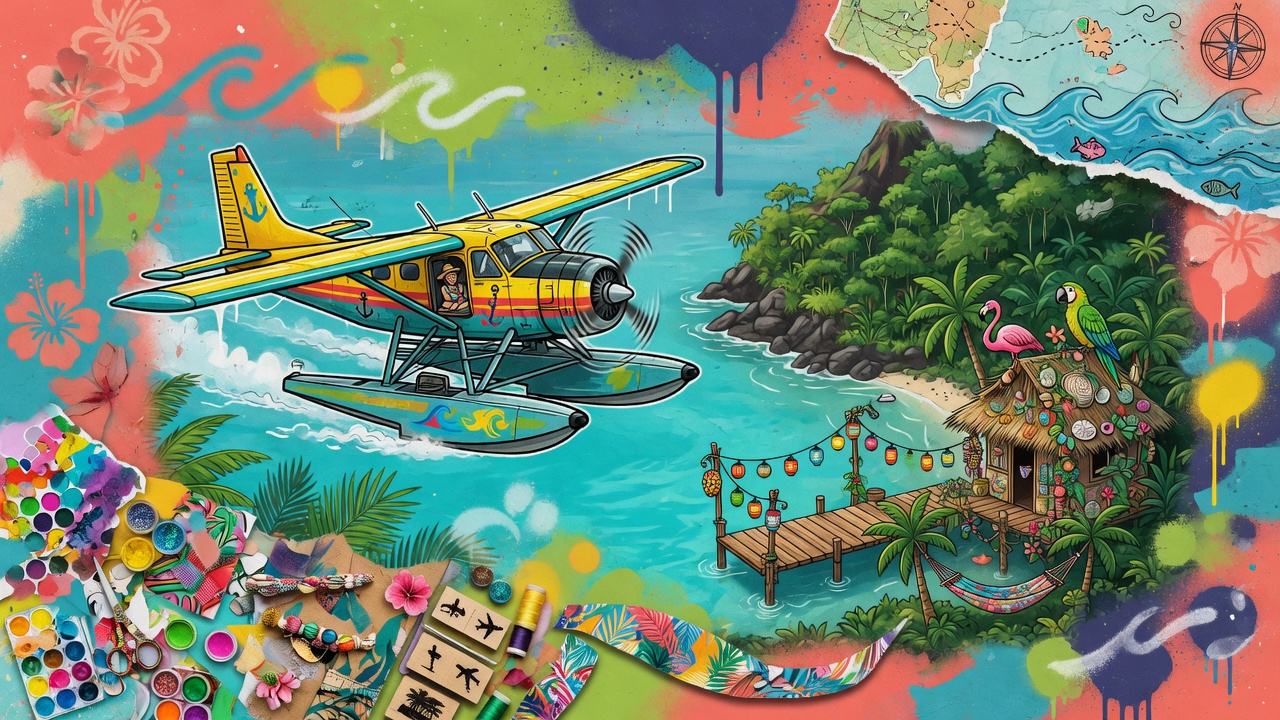 Bunte Küsteninsel mit kleinem Wasserflugzeug, Werkbank und gemütlichem Strandhaus in generischem Street-Art-Stil ohne Logos