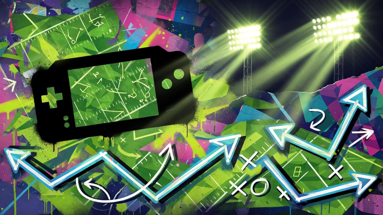 Dynamische Football-Gaming-Collage mit Stadionlicht, Handheld-Konsole und stilisierten Spielzügen ohne Logos
