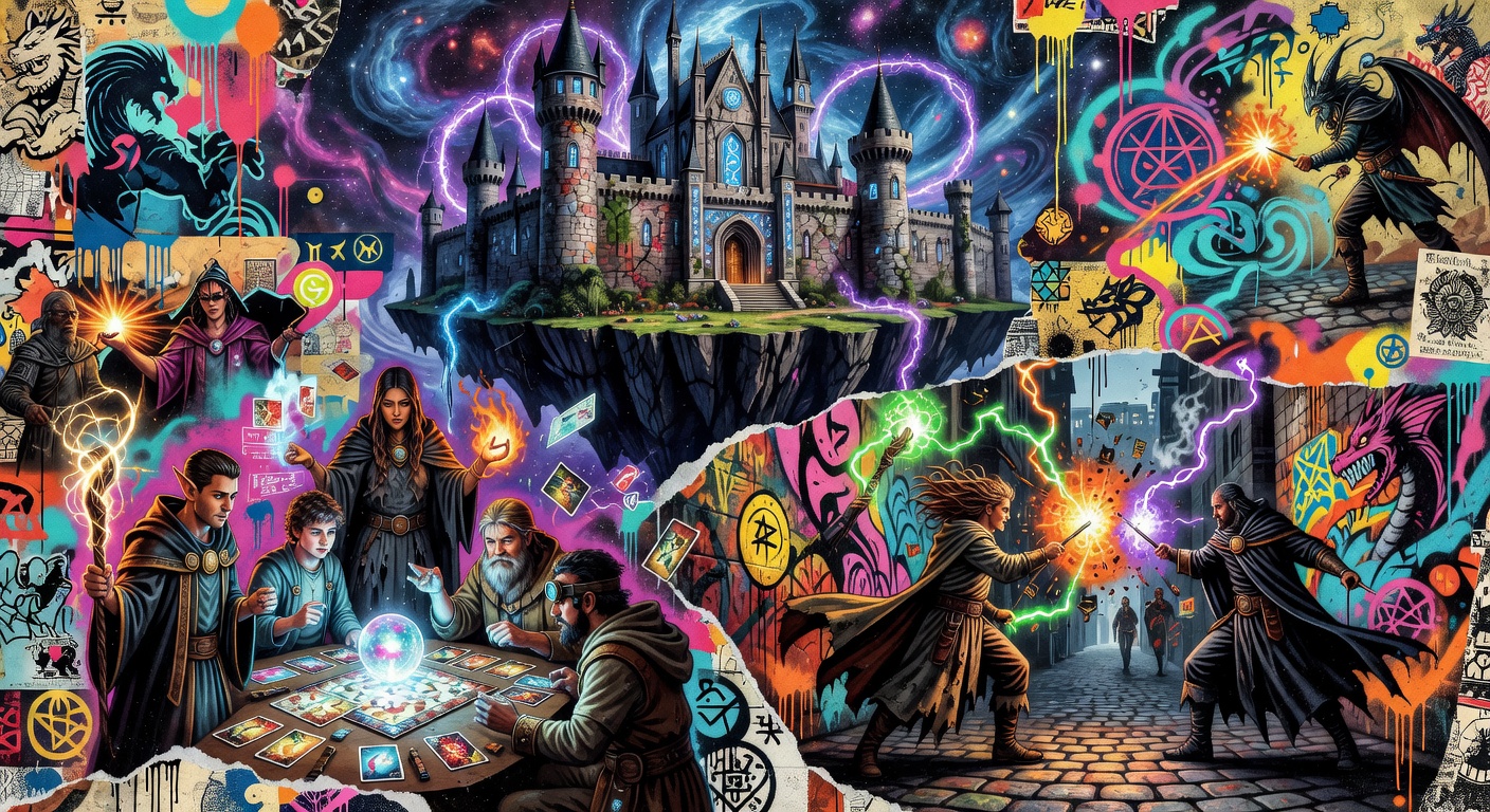 Abstrakte Fantasy-Akademie mit magischen Karten, Türmen und leuchtenden Farben