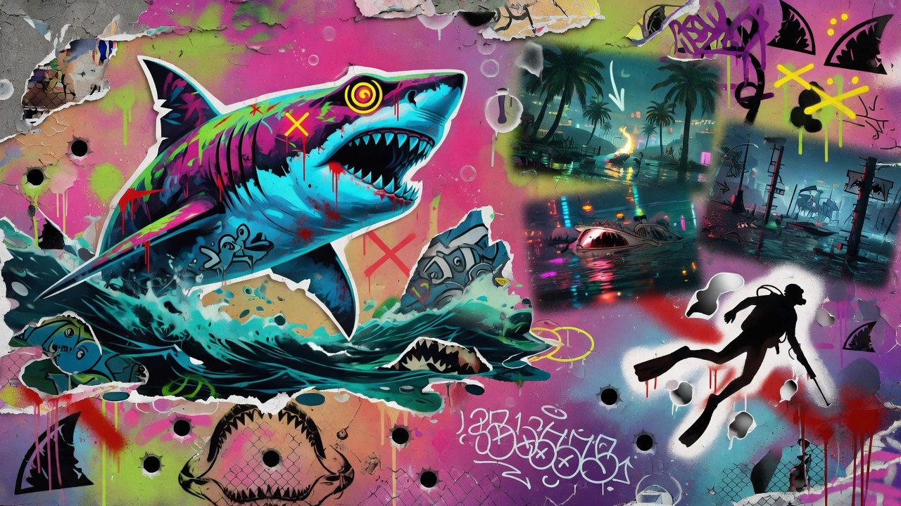 Bunte Unterwasser-Collage mit gefährlichem Hai, luxuriösem Themenpark, Neonlicht und stilisierten Meeresbiomen ohne Logos oder bekannte Figuren