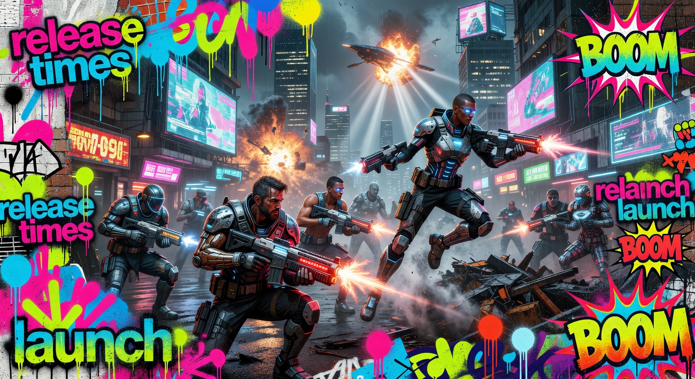 Sci-Fi-Squad im Marathon-Look vor neonfarbenem Himmel