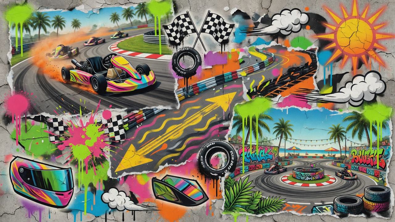 Bunte Rennspiel-Collage mit offenen Straßen, Karts und sommerlicher Turnieratmosphäre ohne Logos oder Figuren