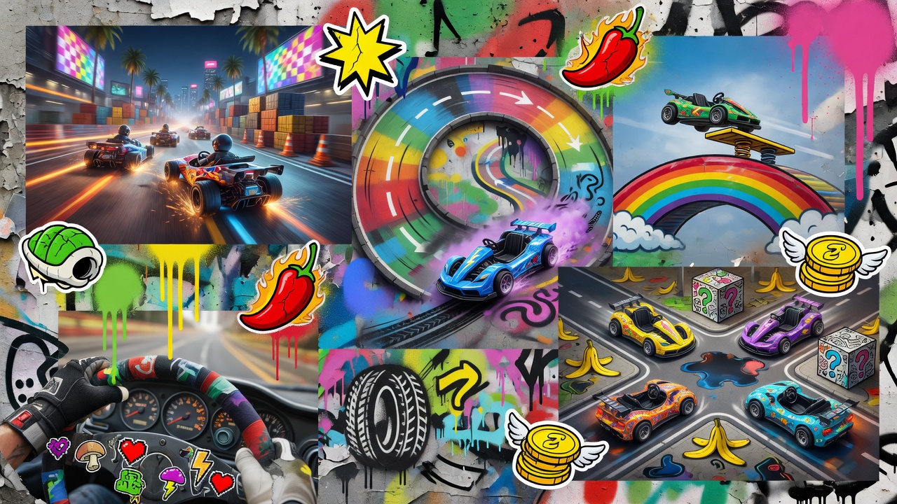 Bunte Rennspiel-Collage mit generischen Karts, Checkpoints und Fotostickern im Street-Art-Stil ohne Logos oder bekannte Figuren