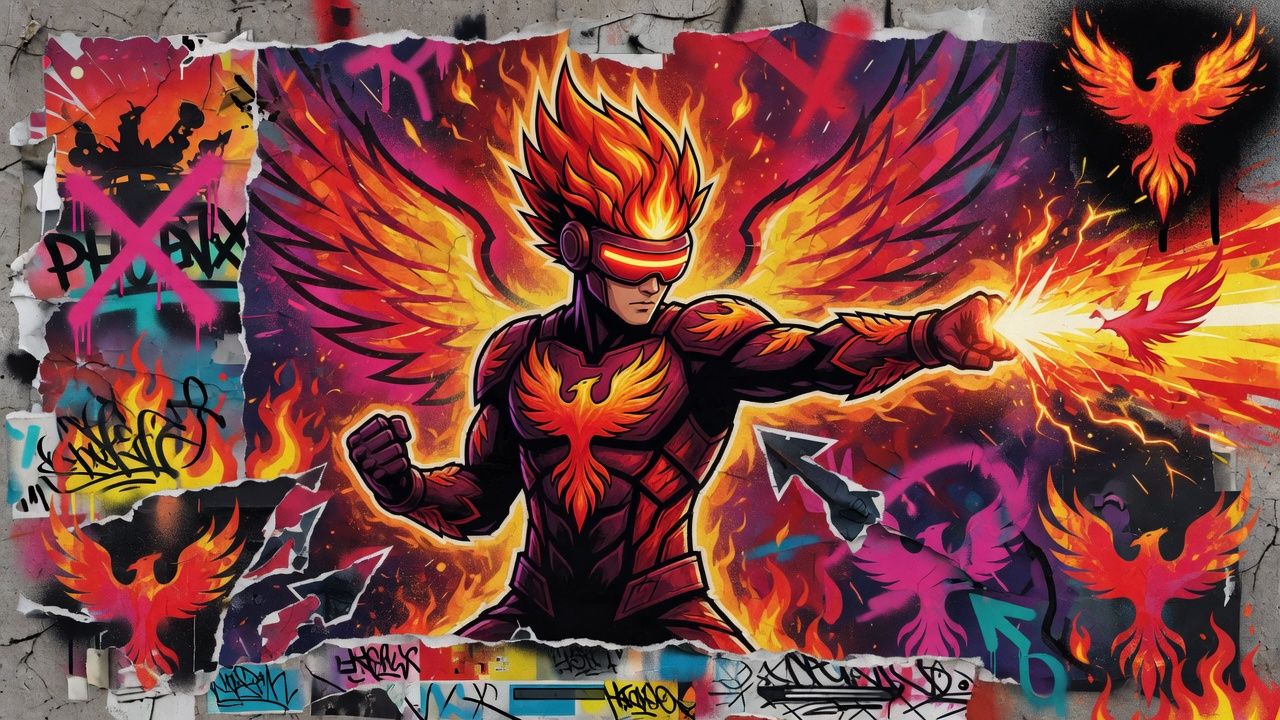 Dynamische Kampfspiel-Collage mit feuriger Energie, futuristischer Arena und comicinspirierten Kämpfern ohne Logos oder bekannte Figuren