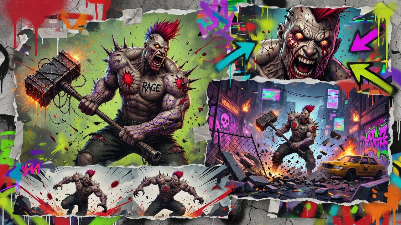 Dynamische Gaming-Collage mit kämpferischer Silhouette, Neon-Stadt, Laborstimmung und comicartiger Action ohne Logos oder bekannte Figuren
