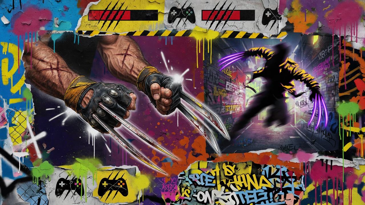 Generische Action-Gaming-Collage mit wütender Kämpfer-Silhouette, Neon-Gassen und futuristischem Labor im Street-Art-Stil ohne Logos oder bekannte Figuren
