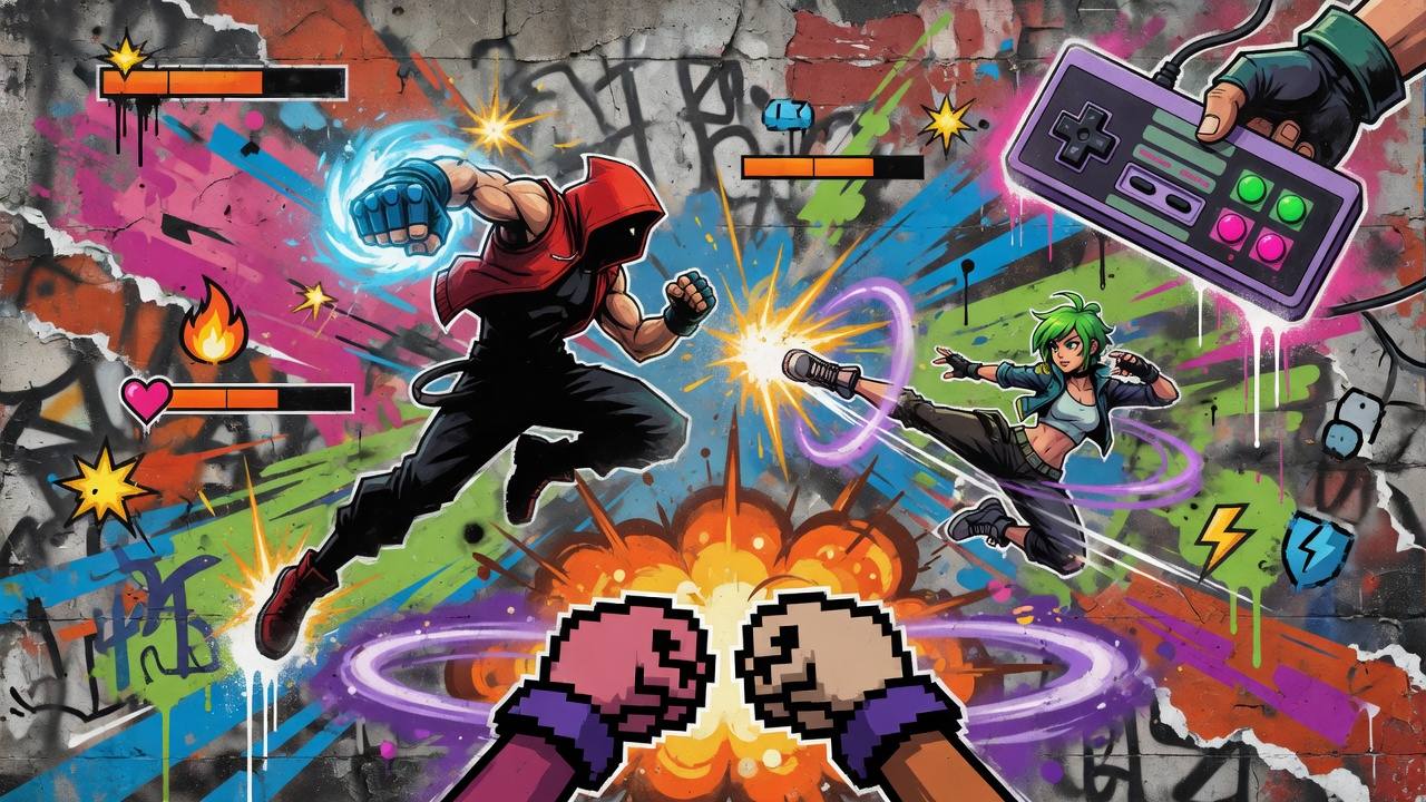 Bunte Street-Art-Collage zu einem düsteren Actionspiel mit abstrakten Krallenspuren, Neonlicht und Konsolenenergie ohne Logos