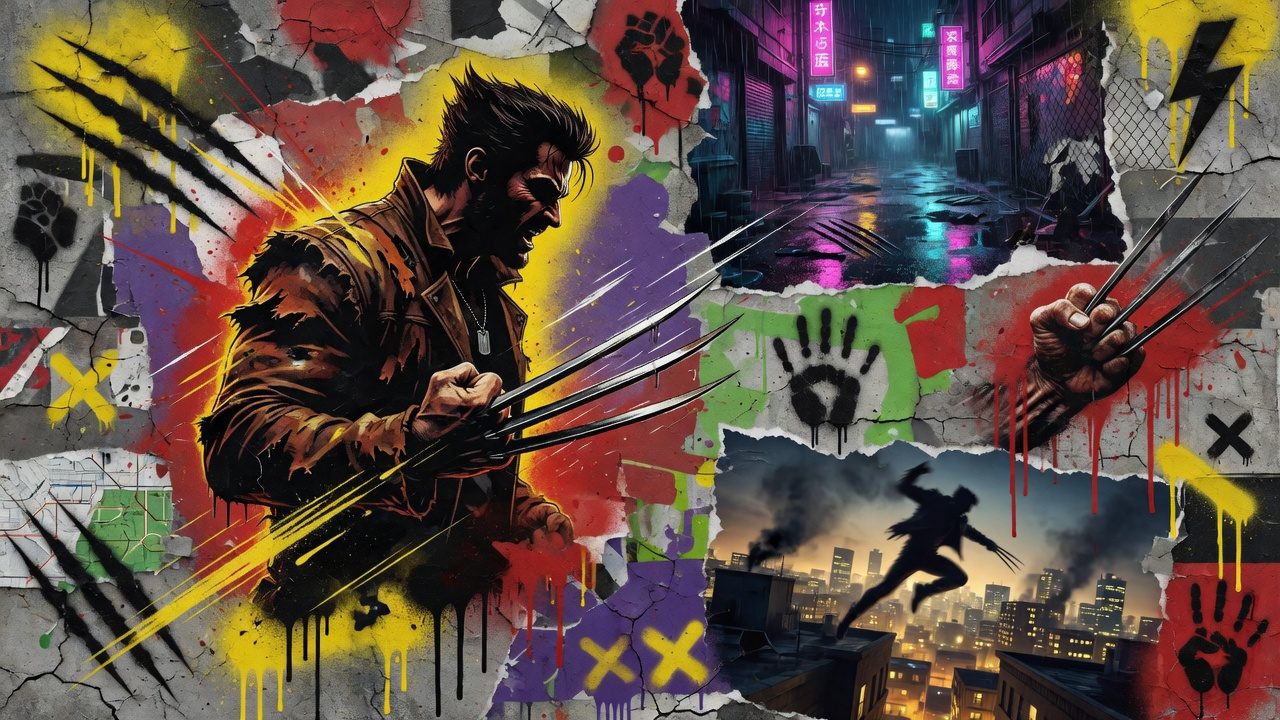 Düstere Action-Collage mit Krallen, neonroter Ninja-Silhouette und urbaner Nachtstimmung ohne Logos oder bekannte Figuren