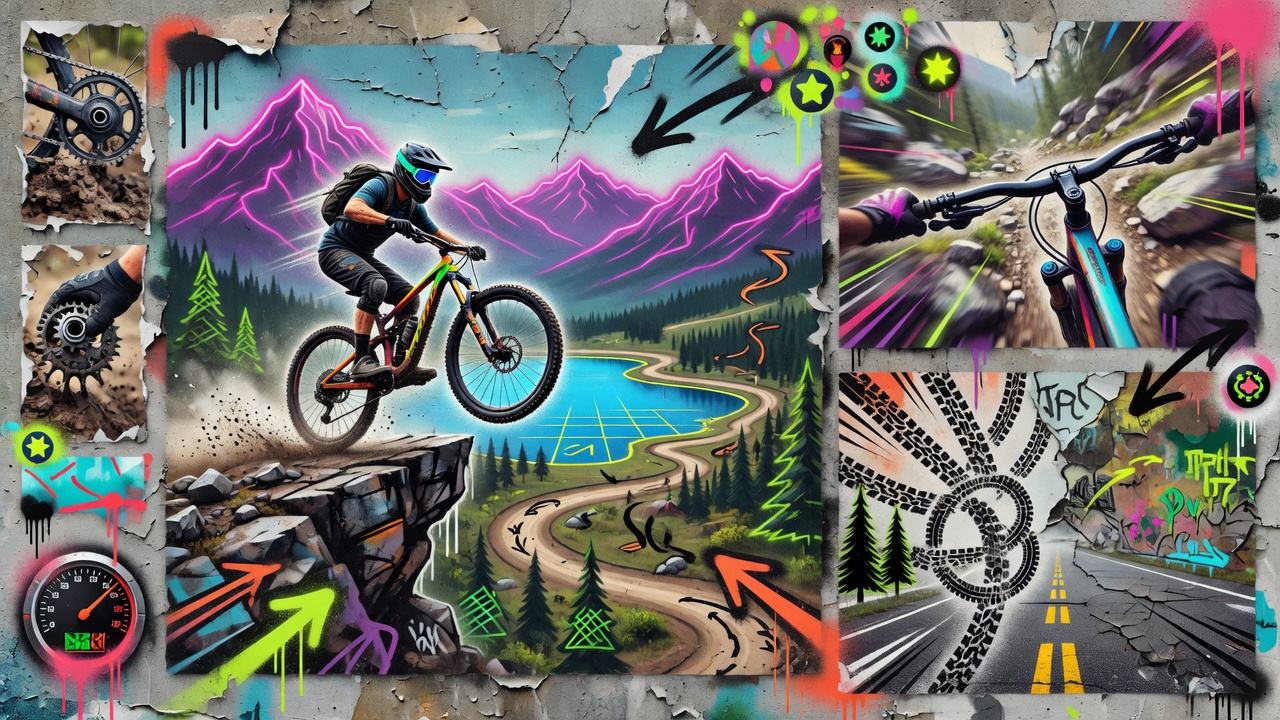Dynamische Mountainbike-Gaming-Collage mit Downhill-Strecke, Sprüngen und stilisiertem Bergpanorama ohne Logos