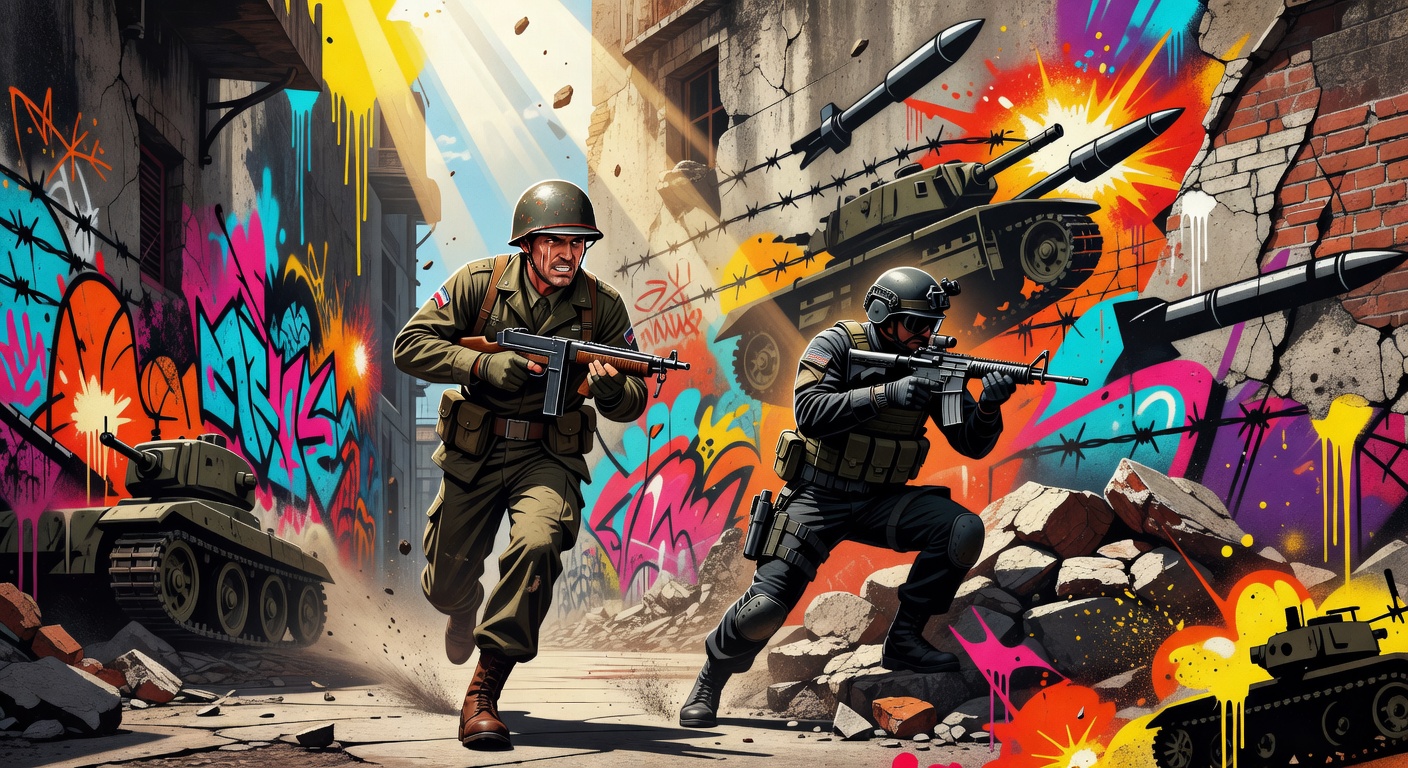 Generische Szene eines Zweiter-Weltkrieg-Shooters mit Festung, Suchscheinwerfern und nächtlicher Stimmung