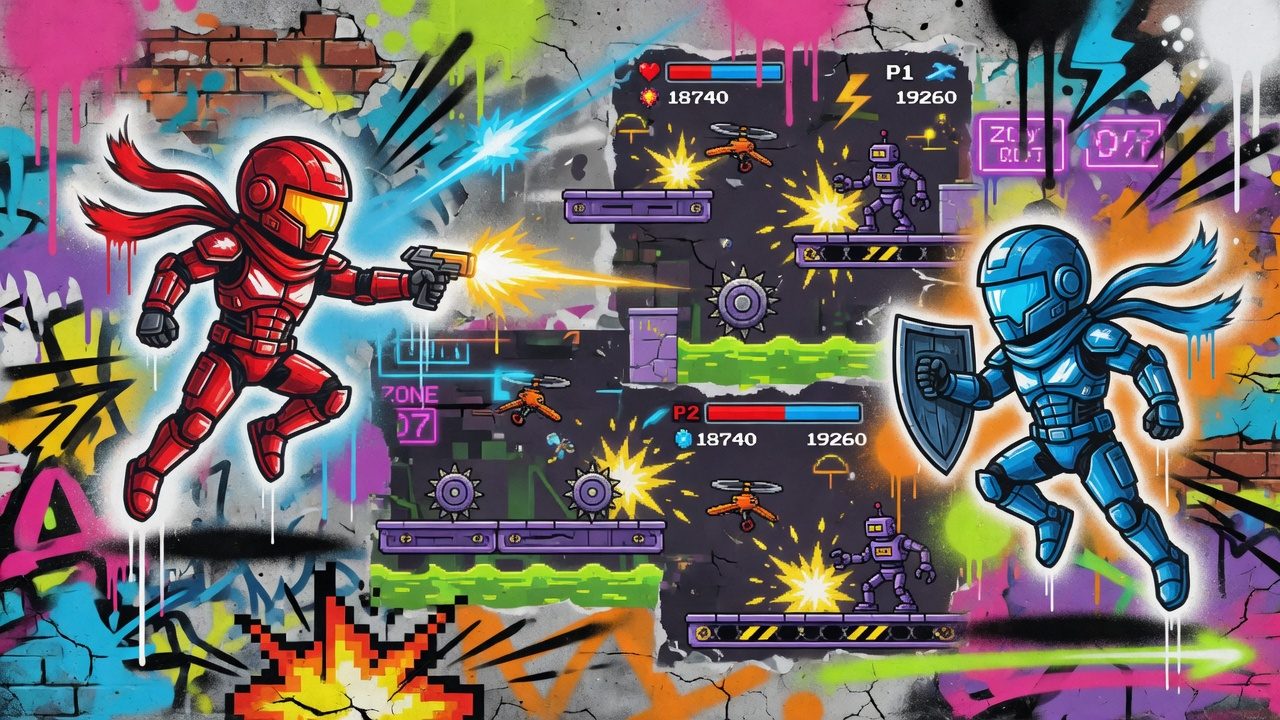 Bunte Street-Art-Gaming-Collage mit generischem Roboterhelden, Schildform und Arcade-Energie ohne Logos oder Text