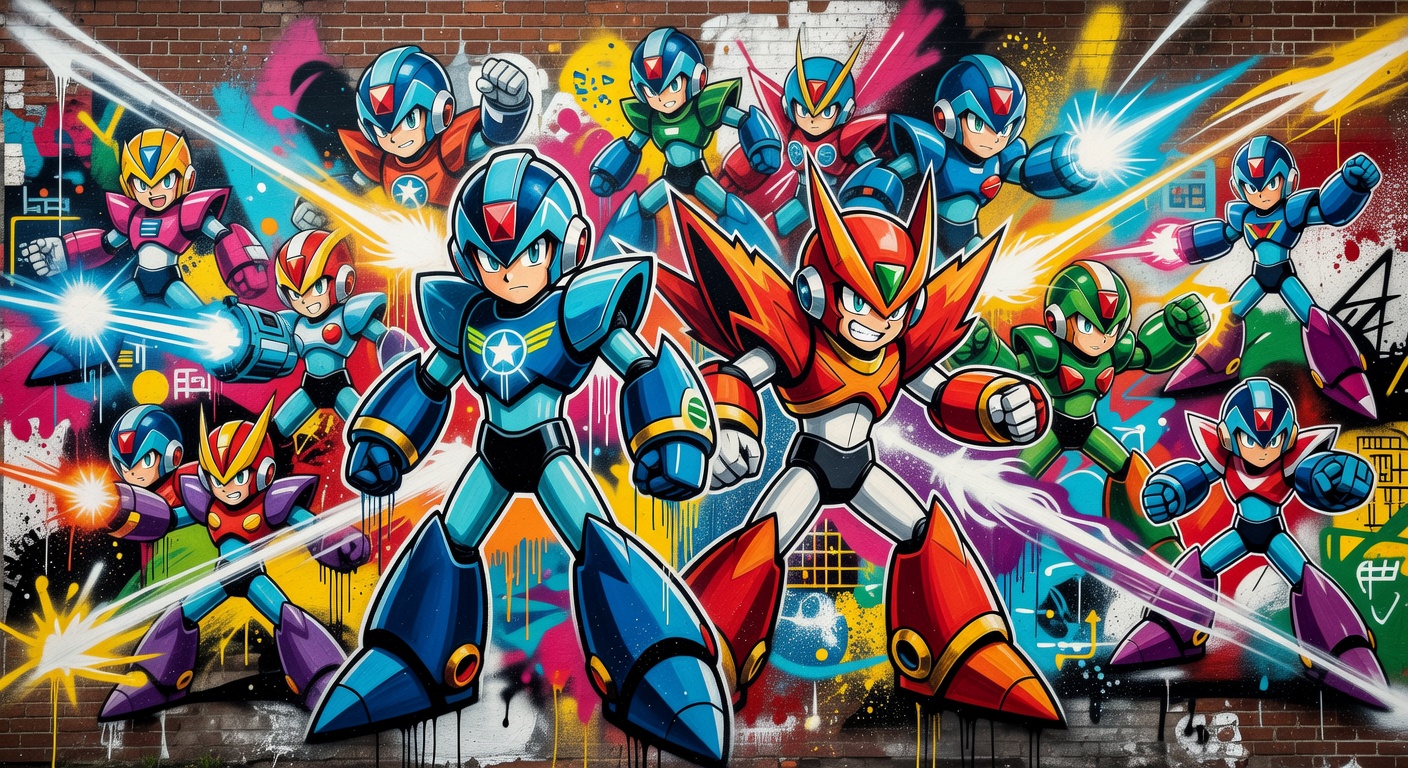 Mega Man Star Force Legacy Collection als bunte Retro-Collage im Street-Art-Stil