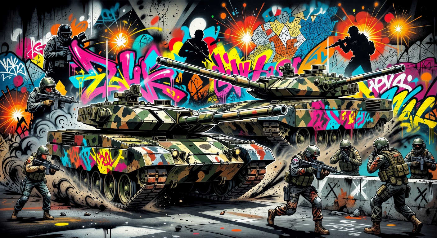 Futuristische Taktikschlacht mit gepanzerten Fahrzeugen und Infanterie auf staubigem Planeten