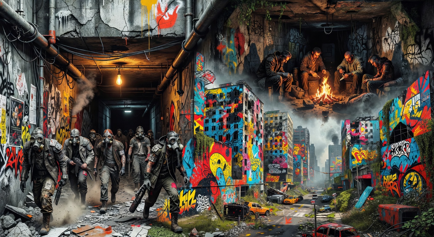 Abstrakte postapokalyptische Gaming-Collage mit U-Bahn-Tunnel, Neonlicht und Silhouetten ohne Logos oder bekannte Figuren