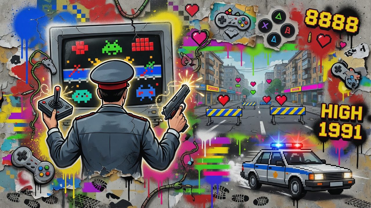 Surreale Gaming-Collage mit riesigem Polizisten über einer Stadt und flüchtender Figur im Street-Art-Stil ohne Logos