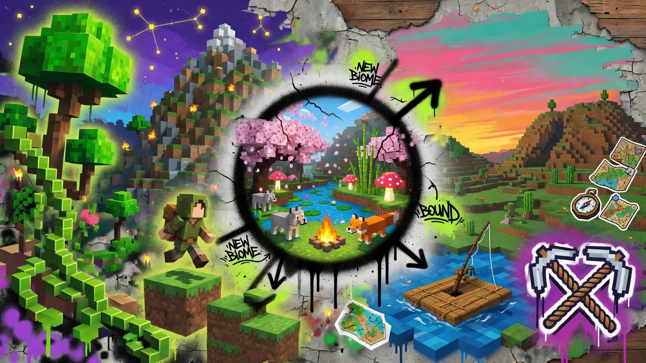 Bunte Gaming-Collage mit herbstlichem Wald, Campingplatz und Blockbau-Elementen ohne Logos